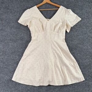 Cottagecore Mini Dress L Beige Eyelet Embroidered Romantic Fairy‎ Grunge Summer